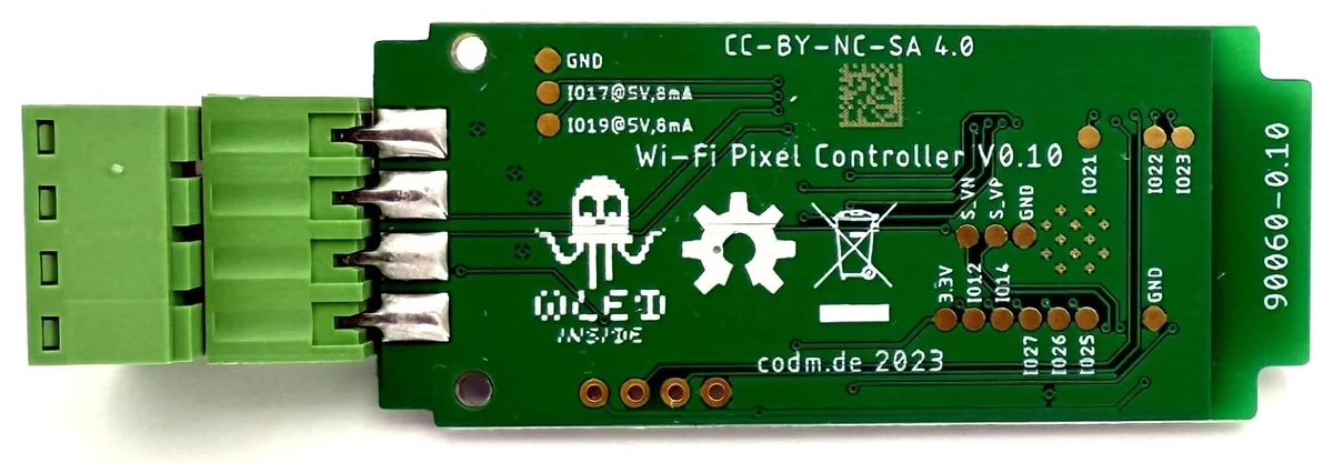 Back of the cod.m WLED Controller V0.10 with the labelled solder pads