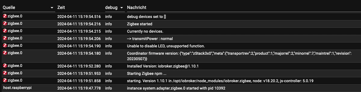 iobroker ZigBee Adapter Log