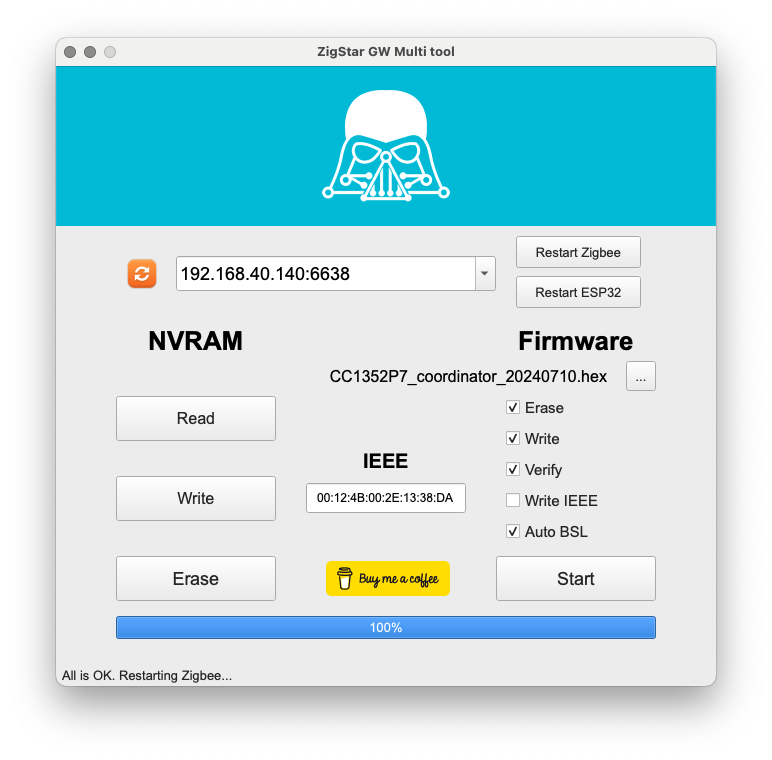 cod.m ZigBee Coordinator Z-Stack Flash Settings ZigStar GW Multitool finisehd